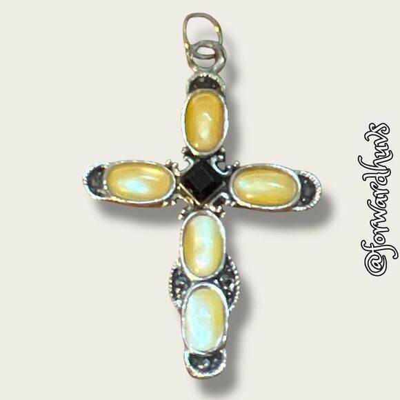 Bundle Sale 3 for $15 | Silver Tone Cross Pendant with Yellow and Black Stones - Picture 3 of 8